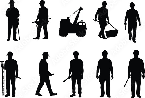 Construction Silhouettes, Workers, Tools, Surveying, Wheelbarrow, Crane, Engineering, Manual Labor, Hard Hats, Equipment, Vector Art, Black Figures, Industrial Site