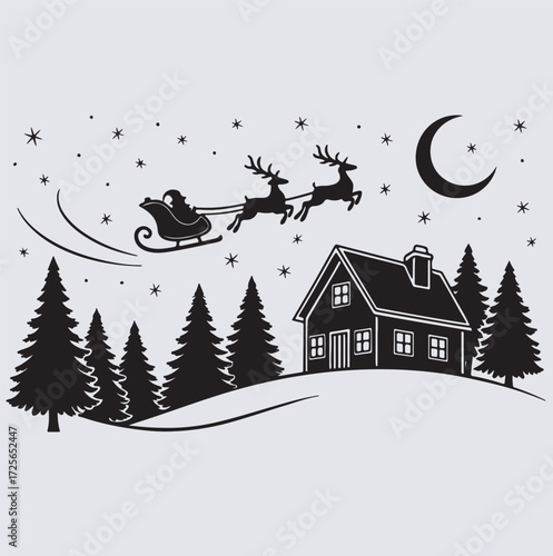 Christmas night Santa Claus silhouette vector art illustration