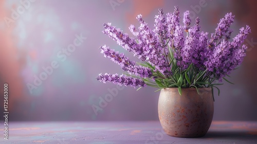Lavender bouquet in a rustic vase against a soft, blurred background