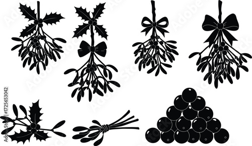 Christmas mistletoe and holly leaf silhouette vector set with festive holiday decorations, berries, bows, seasonal botanical design elements