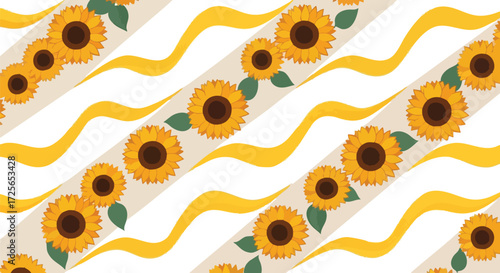 Cheerful sunflower pattern with vibrant yellow ribbons for a summery, happy, and energetic feel, perfect for backgrounds, textiles, and uplifting designs