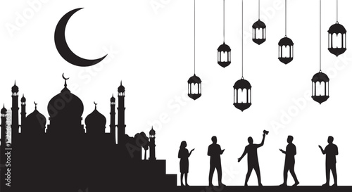 Elegant silhouette depicting a harmonious community gathering under a crescent moon and festive lanterns, celebrating an Islamic holiday with architectural grandeur
