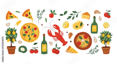Delicious Italian feast featuring vibrant pizza, fresh lobster, pasta, lemons, and wine perfect for culinary themes