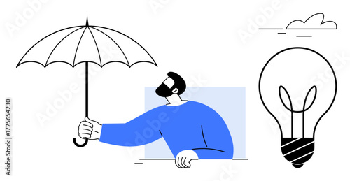 Person holding umbrella conveys protection, creativity emphasized by light bulb, minimalist clouds. Ideal for innovation, problem-solving, brainstorming, safety, resilience, planning leadership