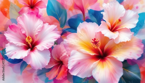 Vibrant hibiscus flowers in full bloom with a soft, artistic watercolor effect.