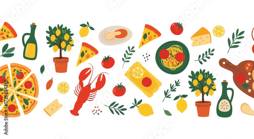Vibrant Italian feast featuring pizza, pasta, lobster, lemons, and olive oil, perfect for culinary themes and Mediterranean vibes