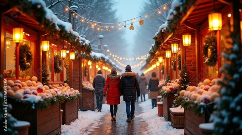 Wallpaper Mural Festive winter market stroll with caucasian adults in snowy night scene Torontodigital.ca