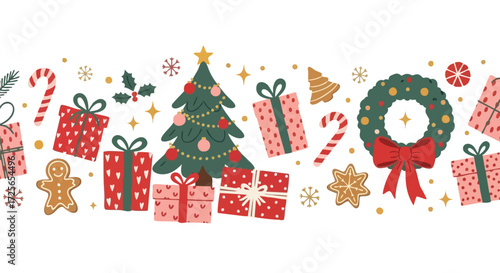 Vibrant festive border bursting with Christmas cheer, featuring a decorated tree, gifts, wreath, candy canes, and gingerbread cookies for joyful holiday designs.