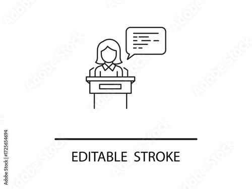 Engaging speaker delivering a powerful presentation from behind podium with speech bubble, perfect for communication concepts.