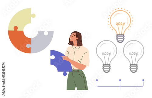 Woman holding a large puzzle piece, colorful circular puzzle diagram, and three visible light bulbs. Ideal for teamwork, creativity, problem solving, innovation, collaboration, strategy conceptual