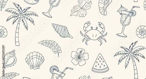 Vibrant summer beach pattern featuring palm trees, cocktails, and seashells evokes tropical vacation vibes and seaside relaxation