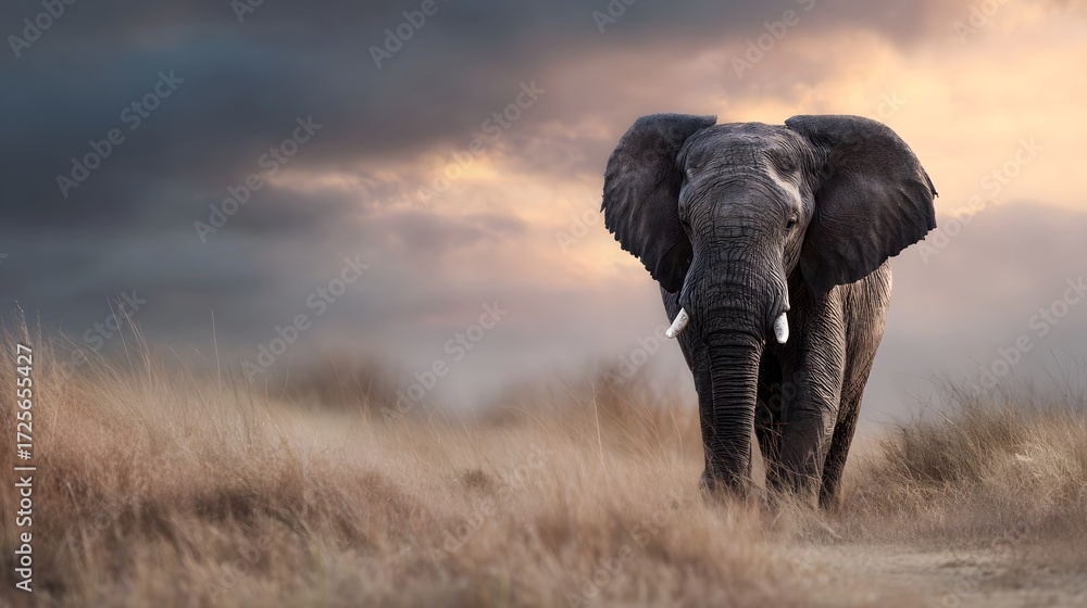 Fototapeta premium Majestic elephant strides through dry savanna grass bathed in golden hour light beneath a dramatic sky