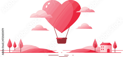 Heart-Shaped Hot Air Balloon Soaring Over a Peaceful Landscape