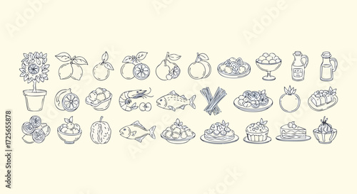 Delightful assortment of fresh fruits, seafood, pasta, and sweet desserts presented in charming hand drawn line art style for vibrant culinary designs