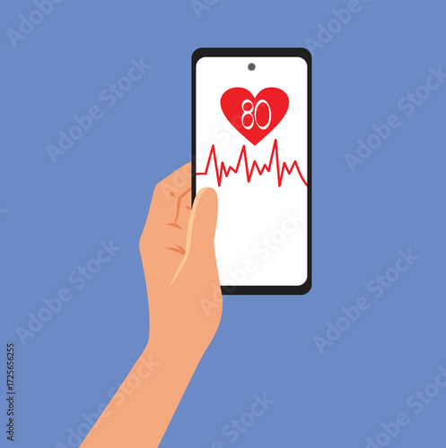 
Vector Hand Holding a Phone with App Measuring Heart Rate. Person uses pulse rate tracker application on his smartphone 