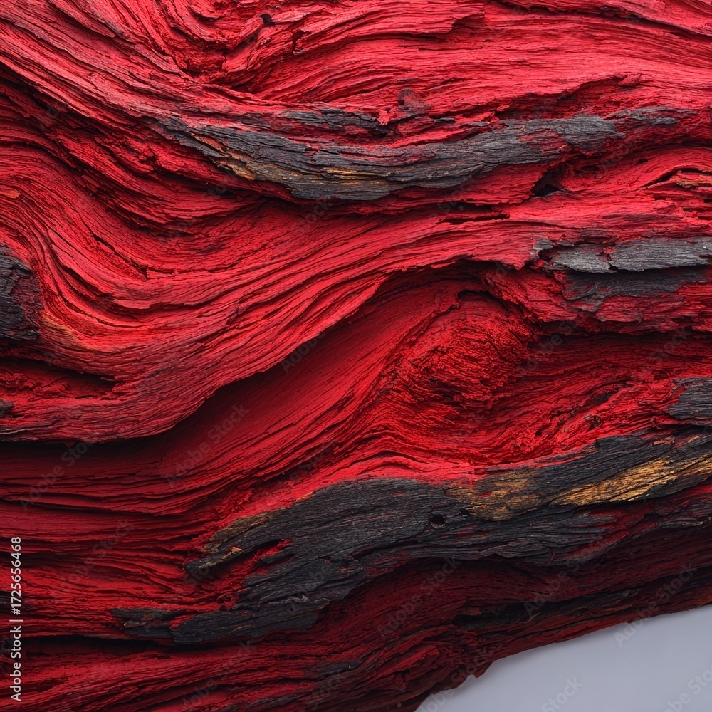 Fototapeta premium Close-up view of vibrant red textured wood with dark accents