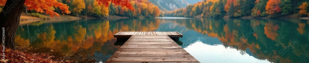 Obraz premium Rustic wooden dock extends over calm autumn lake, colorful leaves , landscape, wood, lake