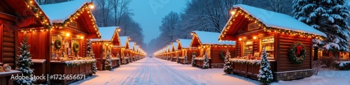 Cozy snow-covered christmas market stalls with warm lights in winter wonderland