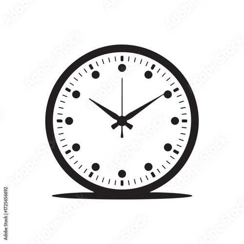 Vector art of a black and white illustration of a round analog clock face with hands pointing to a time silhouette