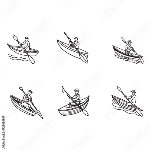 Collection of outline illustration kayaking man in the various poses