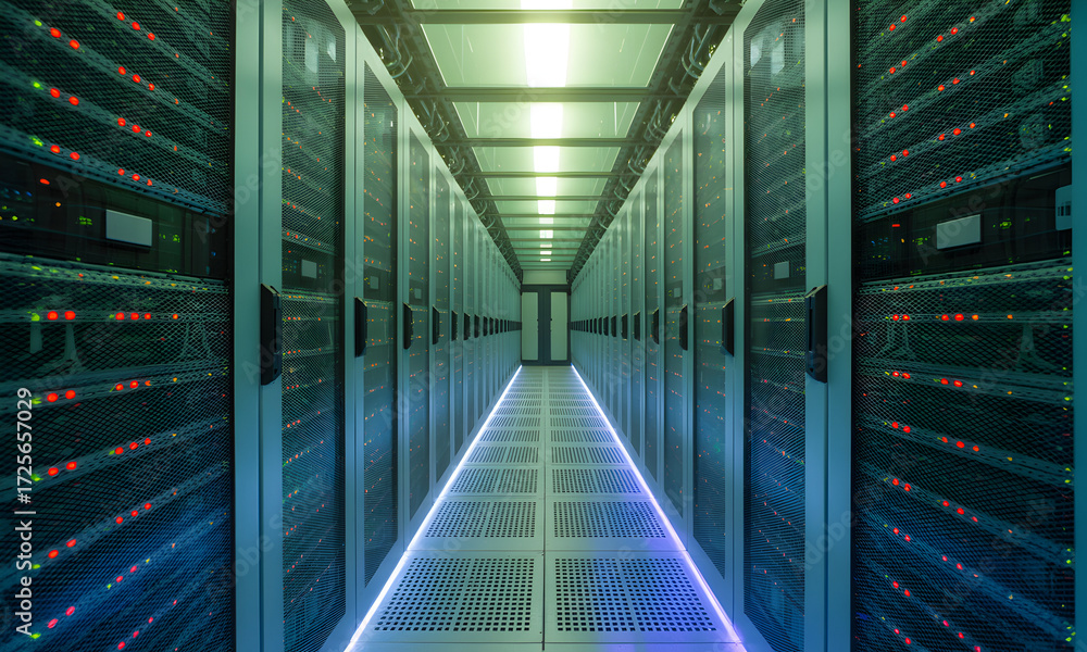 Fototapeta premium Futuristic server room with glowing lights, showcasing data center infrastructure and advanced technology.