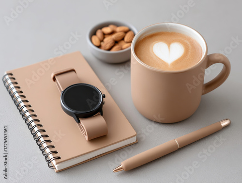 Flat lay of beige-themed workspace with smartwatch, notebook, pen and coffee with latte art.