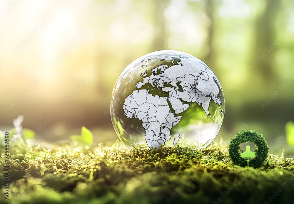 Obraz premium A glass globe with the map of Europe inside, placed on moss and surrounded by greenery