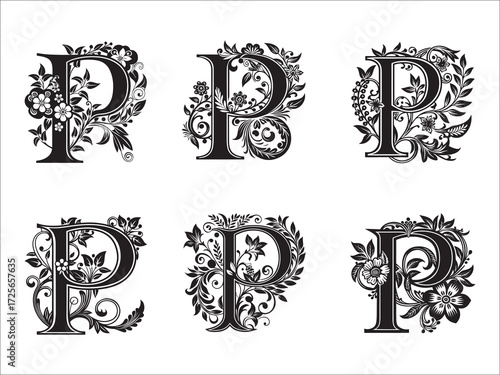 Elegant letter P designs with floral and ornamental embellishments collection