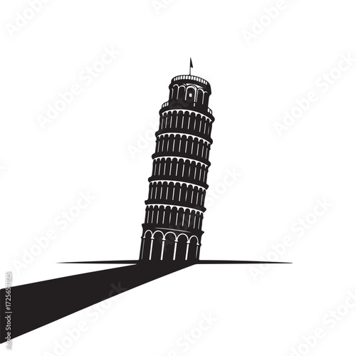 Vector art of a stylized black and white illustration of the leaning tower of pisa with a long shadow silhouette
