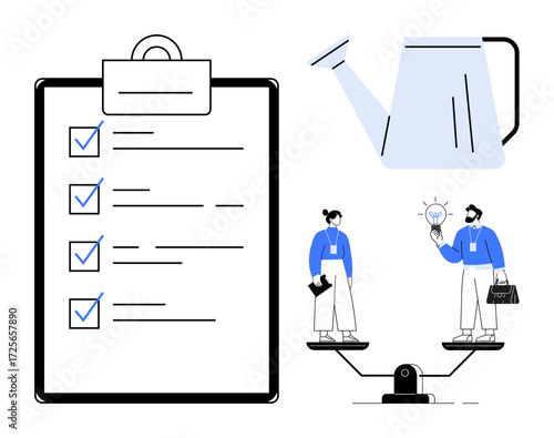 Checklist on clipboard, professionals balancing ideas on scales, and a watering can symbolizing growth. Ideal for collaboration, productivity, balance, innovation, strategy growth planning. Modern