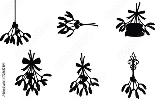 Christmas mistletoe silhouette vector set, festive holiday decoration elements with bows, ribbons, berries, fleur-de-lis design for seasonal celebration