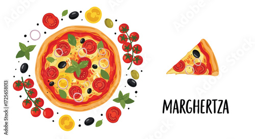 Delicious margherita pizza with fresh tomatoes, basil, and olives perfect for restaurant menus, food blogs, and culinary designs
