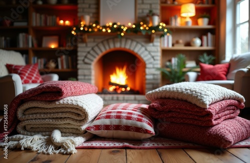 Cozy living room with fireplace and holiday decorations