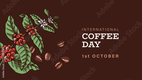 Hand drawn coffee branch and beans background. International coffee day design. Vintage sketch vector illustration