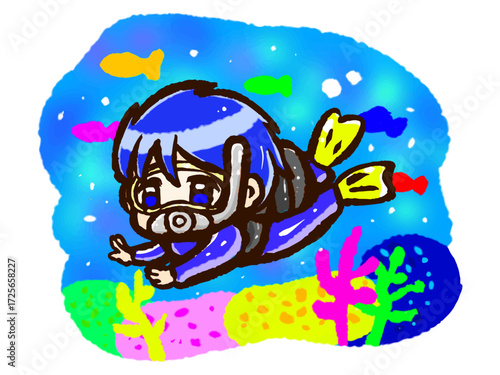 海でスキューバダイビングする男性のちびキャライラスト素材