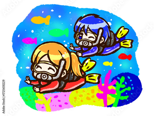 海でスキューバダイビングする男女のちびキャライラスト素材2