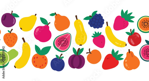 Vibrant fruit collection featuring fresh strawberries, bananas, plums, pears, and kiwis for healthy eating campaigns or children's educational materials
