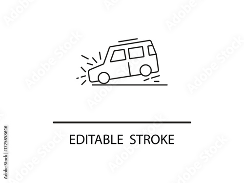 Car accident outline icon expressing vehicle damage for safety campaigns and insurance claims, editable stroke for flexible design needs.