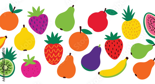 Vibrant fruit medley design for playful summer vibes and healthy eating campaigns, featuring colorful pineapples, pears, strawberries, bananas, watermelon and oranges