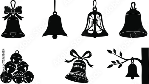 Set of decorative bell silhouettes with bows, floral ornaments, festive holiday chimes, traditional hanging bells, vector illustration collection”