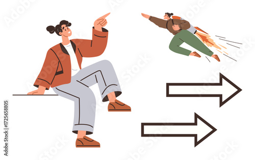 Person sitting and pointing ahead, second person flying with a jetpack, and two arrows. Ideal for leadership, ambition, progress, innovation, direction success goal-setting. Simple flat metaphor