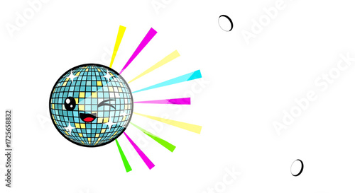 A Winking Disco Ball Character Radiating Colorful Light Rays on Plain Background