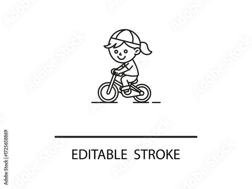 Cheerful girl riding bicycle line art for summer fun designs or children's books, editable stroke for creative design options.