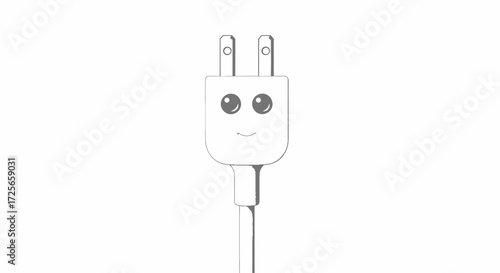 Animated power plug with a smiling face, minimal outline design for electrical concept
