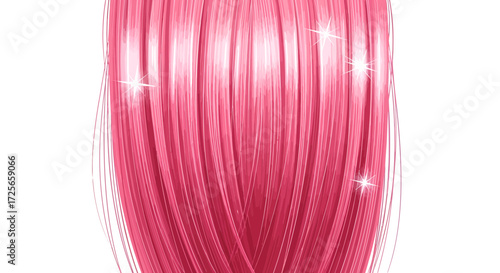 Artistic rendering of glossy pink hair strands with sparkling highlights on white backdrop