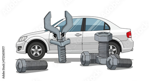 Automotive Repair Illustration with Animated Wrench, Bolts, and Car Backdrop Depicting Maintenance