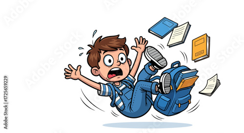 Cartoon illustration of a clumsy boy falling with books scattering around him in chaos