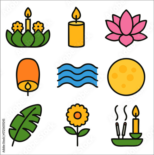 Bright and festive Loi Krathong icons in a flat 2D style. Designed with bold black lines, this set captures the spirit of Thailand's light festival with the krathong