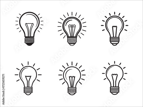 Light Bulbs Black and White Vector Illustration Set Creative Idea