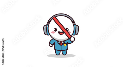 Charming cartoon character in a business suit wearing headphones with microphone